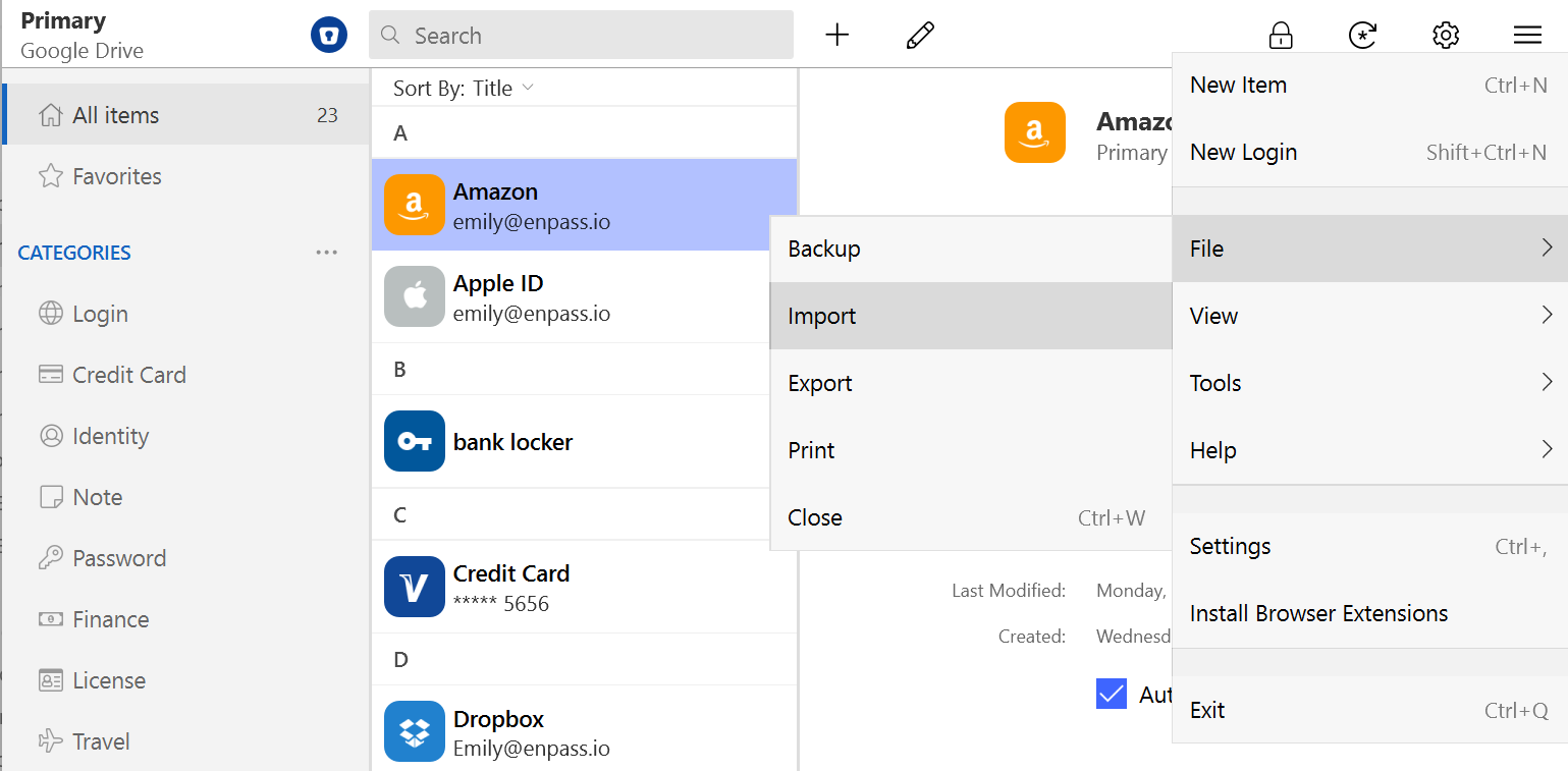Select import from file menu to import data into Enpass